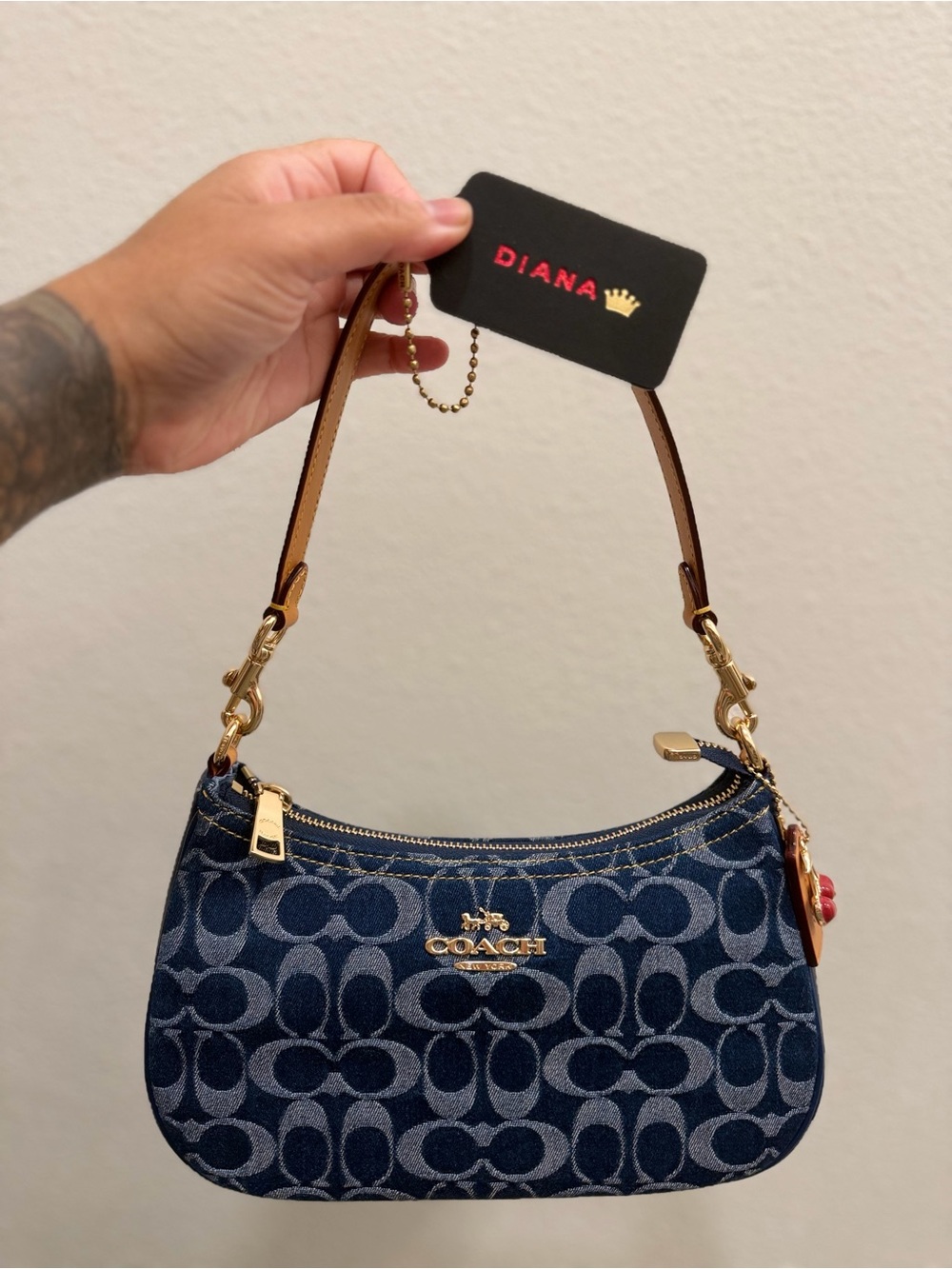 Coach Navy Signature Denim Teri Shoulder Bag with Tan Strap